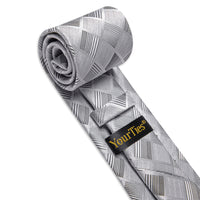 YourTies Grey Silver Checkered Necktie Silk Tie Brooch Tie Bar Set