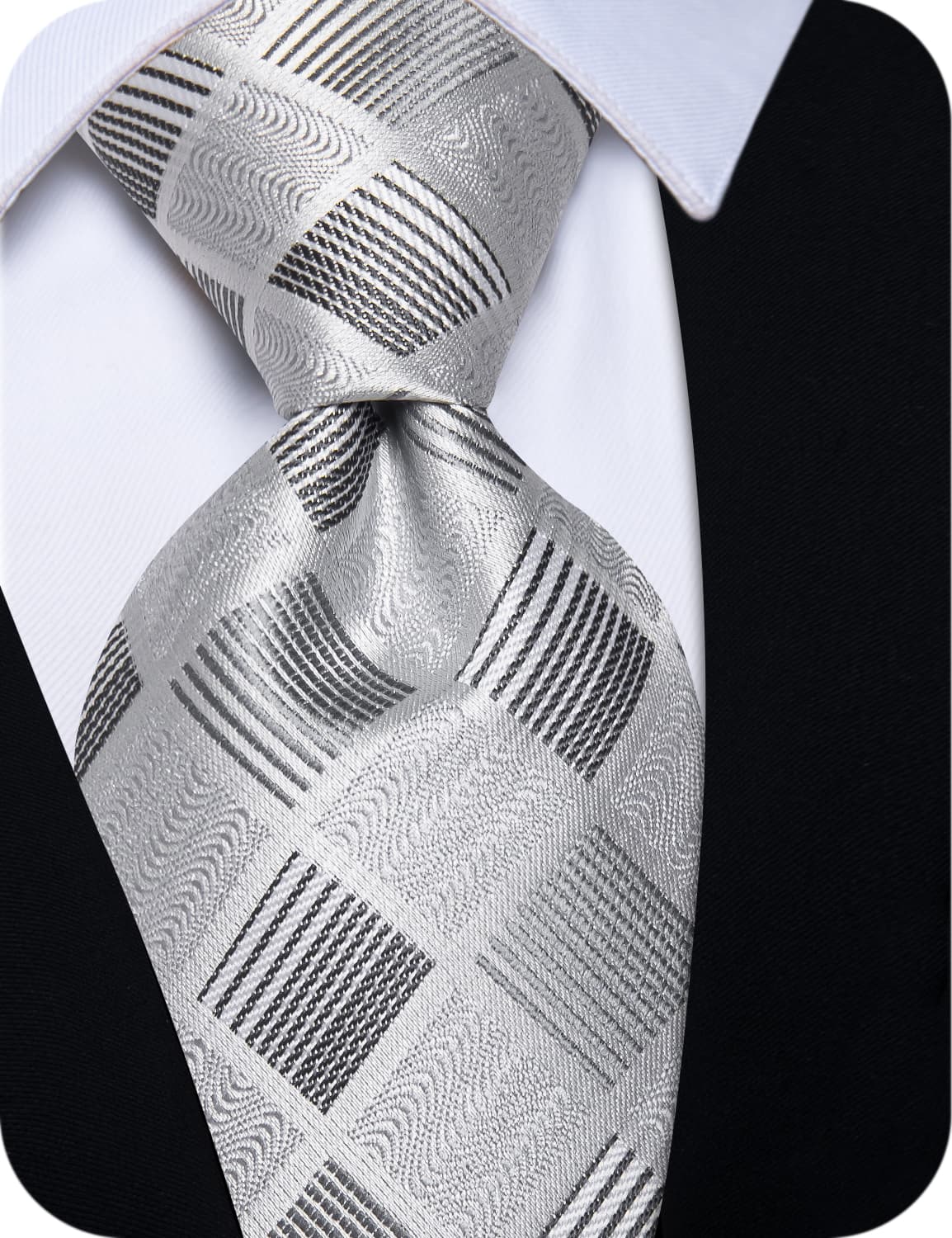 YourTies Grey Silver Checkered Necktie Silk Tie Brooch Tie Bar Set