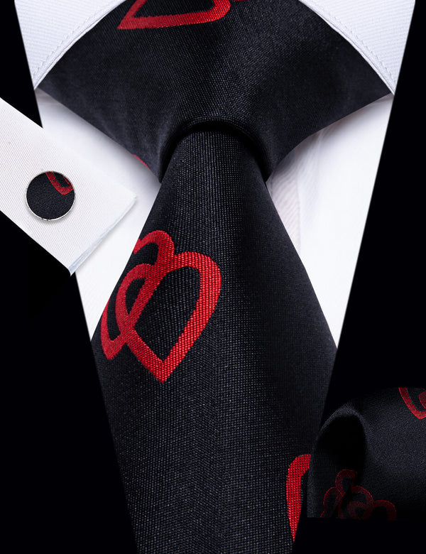 YourTies Linked Hearts Tie Black Red Tie Hanky Cufflink Set