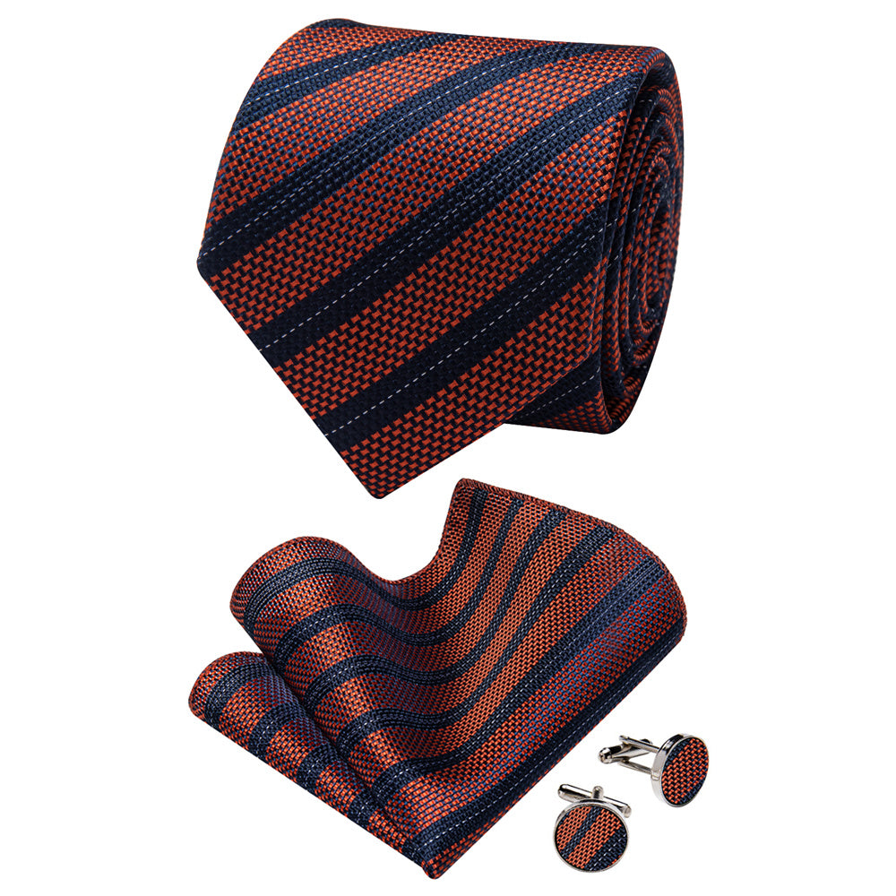 YourTies Deep Orange Geometric Blue Stripe Necktie Brooch Tie Bar Set