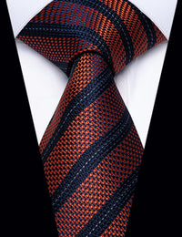 YourTies Deep Orange Geometric Blue Stripe Necktie Brooch Tie Bar Set