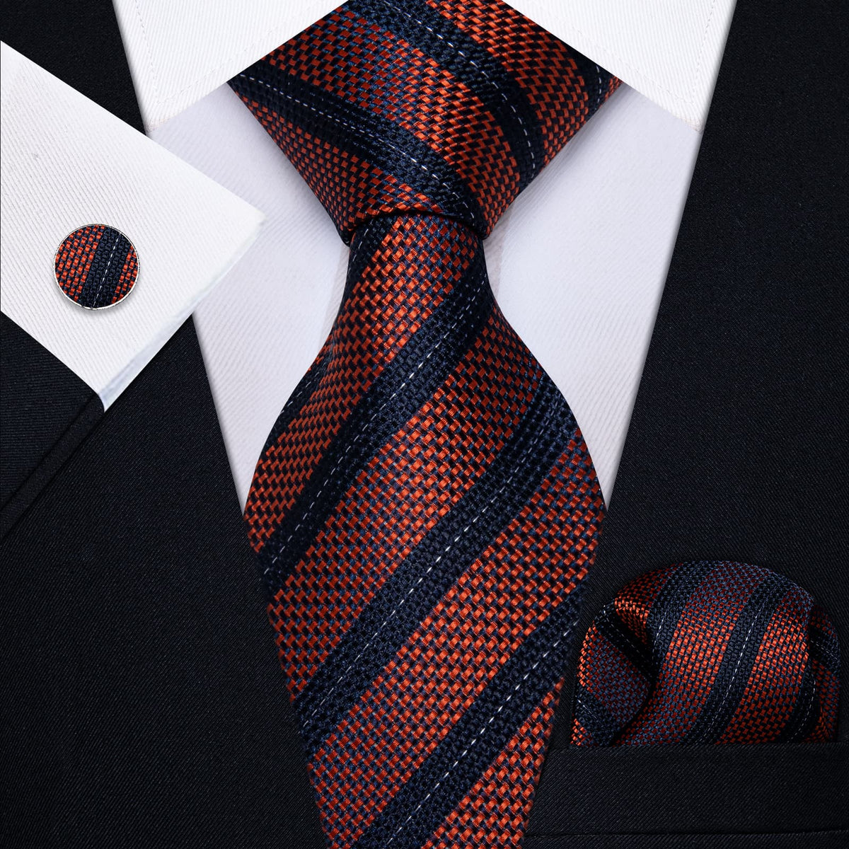 YourTies Deep Orange Geometric Blue Stripe Necktie Brooch Tie Bar Set