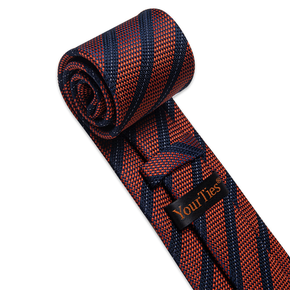 YourTies Deep Orange Geometric Blue Stripe Necktie Brooch Tie Bar Set