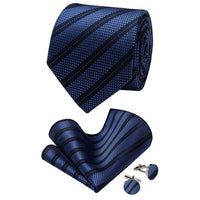 YourTies Deep Blue Geometric Black Striped Necktie Brooch Tie Bar Set