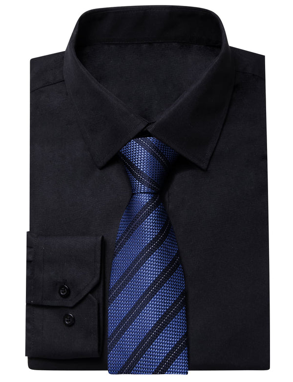 YourTies Black Solid Long Sleeve Shirt with Navy Blue Striped Silk Tie for Men