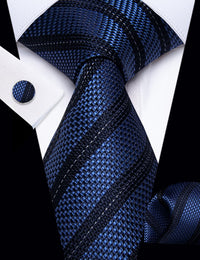 YourTies Royal Blue Neckties Black Striped Men Tie Hanky Cufflinks Set