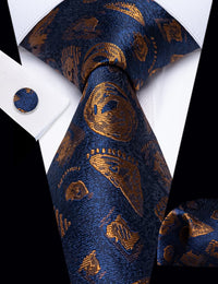 YourTies Royal Blue Necktie Brown Jacquard Men Tie Hanky Cufflinks Set