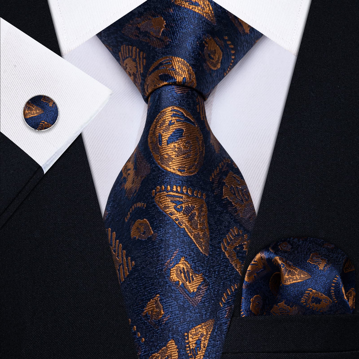 YourTies Royal Blue Necktie Brown Jacquard Men Tie Hanky Cufflinks Set