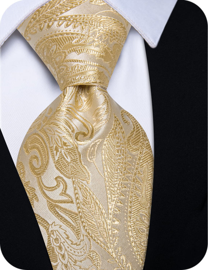 Blanched Almond Necktie Paisley Mens Tie Hanky Cufflinks Set