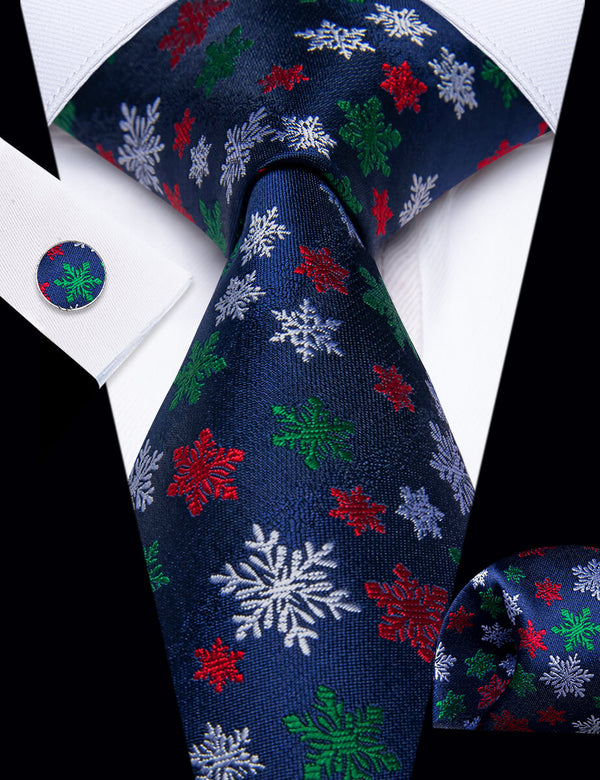 YourTies Dark Blue Christmas Snowflake Men's Necktie Pocket Square Cufflinks Set