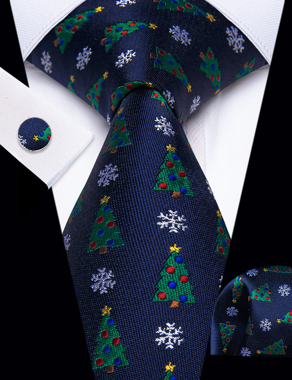 YourTies Dark Blue Christmas Men's Necktie Pocket Square Cufflinks Set