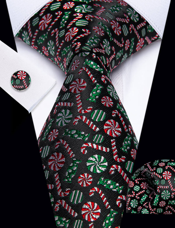 YourTies Black Christmas Candy Cane Men's Necktie Pocket Square Cufflinks Set