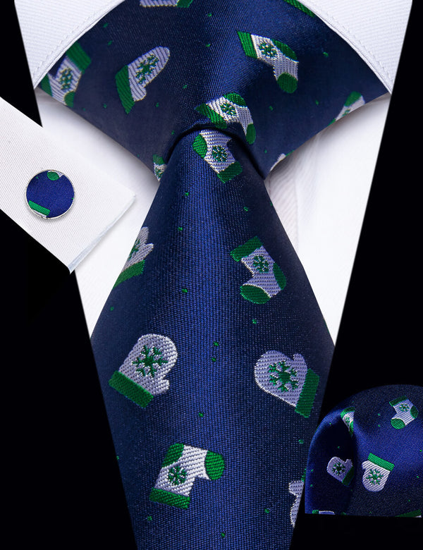 YourTies Blue Green Christmas Stockings Men's Necktie Pocket Square Cufflinks Set