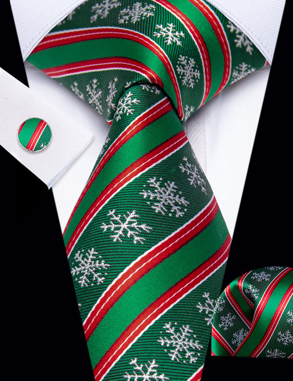 YourTies Green Red Striped Christmas Men's Necktie Pocket Square Cufflinks Set