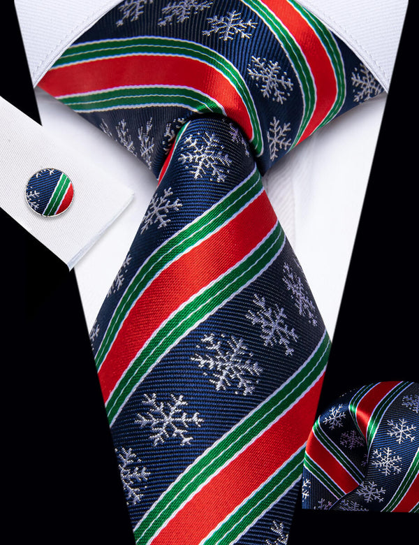 YourTies Dark Blue Red Green Striped Christmas Men's Necktie Set