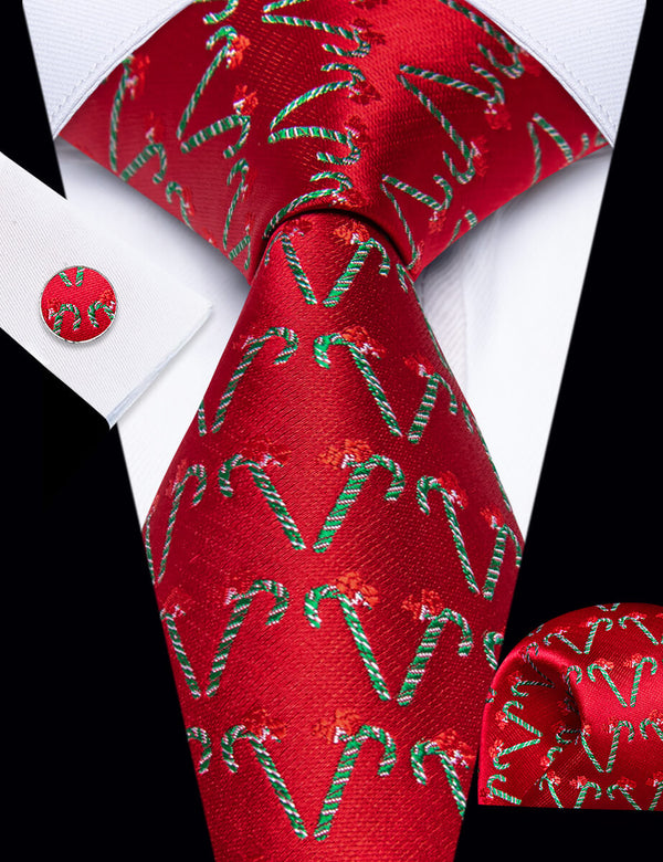 YourTies Red Christmas Candy Cane Men's Necktie Pocket Square Cufflinks Set