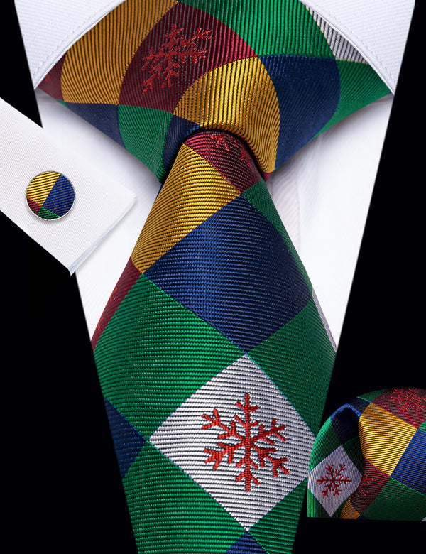 YourTies Colorful Geometric Christmas Snowflake Men's Necktie Pocket Square Cufflinks Set