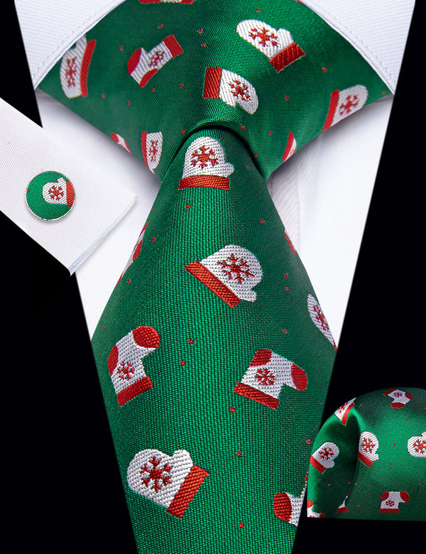 YourTies Green Christmas Stockings Men's Necktie Pocket Square Cufflinks Set