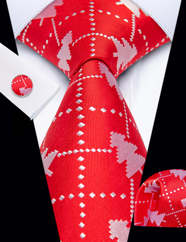 YourTies Red Christmas White Pine Men's Necktie Pocket Square Cufflinks Set