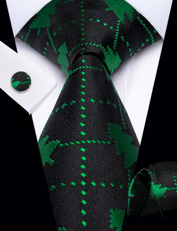 YourTies Black Green Christmas Tree Men's Necktie Pocket Square Cufflinks Set