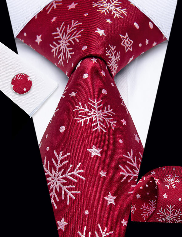 YourTies Red White Christmas Snowflake Men's Necktie Pocket Square Cufflinks Set