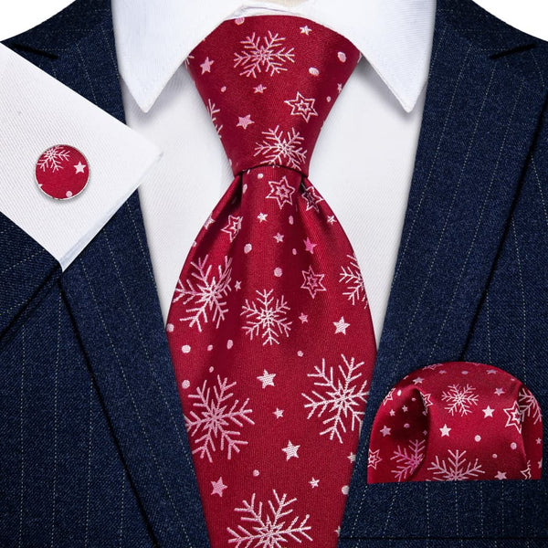 YourTies Red White Christmas Snowflake Men's Necktie Pocket Square Cufflinks Set