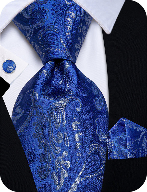 YourTiesRoyal Blue Tie Floral Pattern Silk Mens Necktie Set