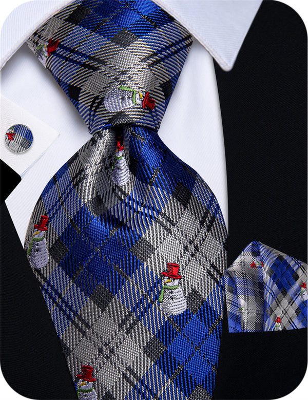 YourTies Blue Grey Tie Plaid Snowman Christmas Silk Mens Necktie Set