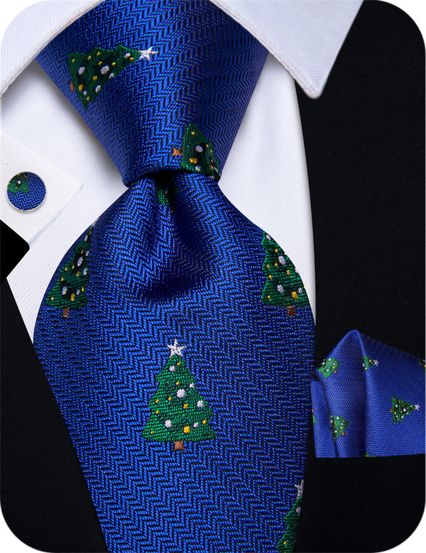 YourTies Smalt Blue Green Tree Christmas Silk Mens Necktie Set