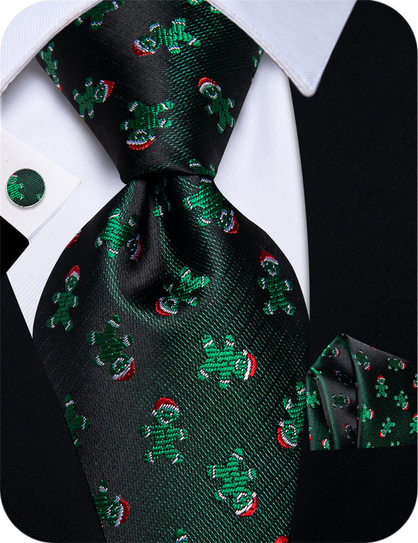 YourTies Dark Jungle Green Gingerbread Man Christmas Silk Mens Necktie Set