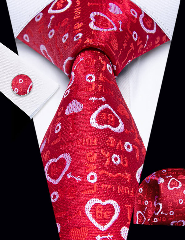 YourTies Red Heart Tie Men's Romantic Love Necktie Pocket Square Cufflinks Set