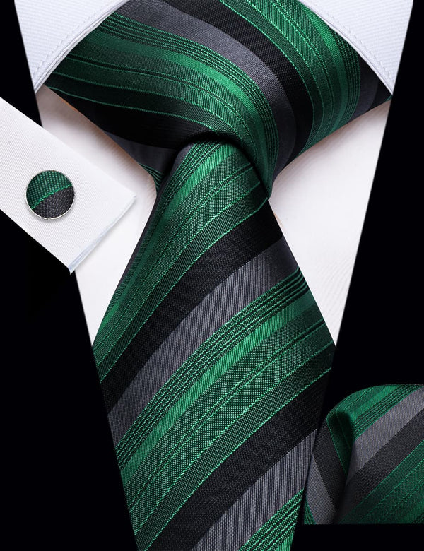 YourTies Green Black Classic Striped Pattern Silk Mens Tie Hanky Cufflinks Set