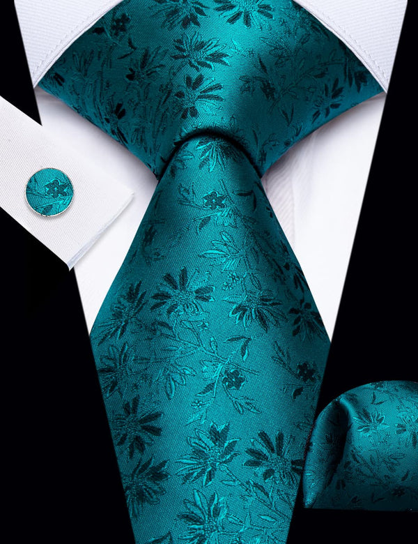 YourTies Deep Cyan Floral Pattern Silk Mens Tie Hanky Cufflinks Set