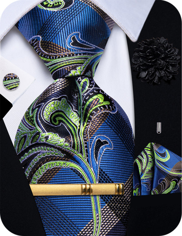 YourTies Blue Pliad Green Floral Men's Necktie Brooch Set for Suit Blazer