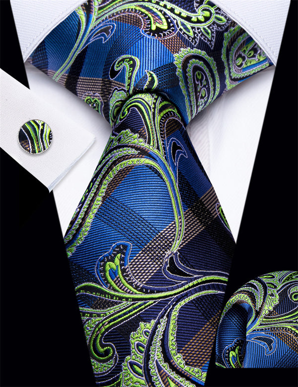 YourTies Green Blue Plaid Floral Necktie Pocket Square Cufflinks Set for Men