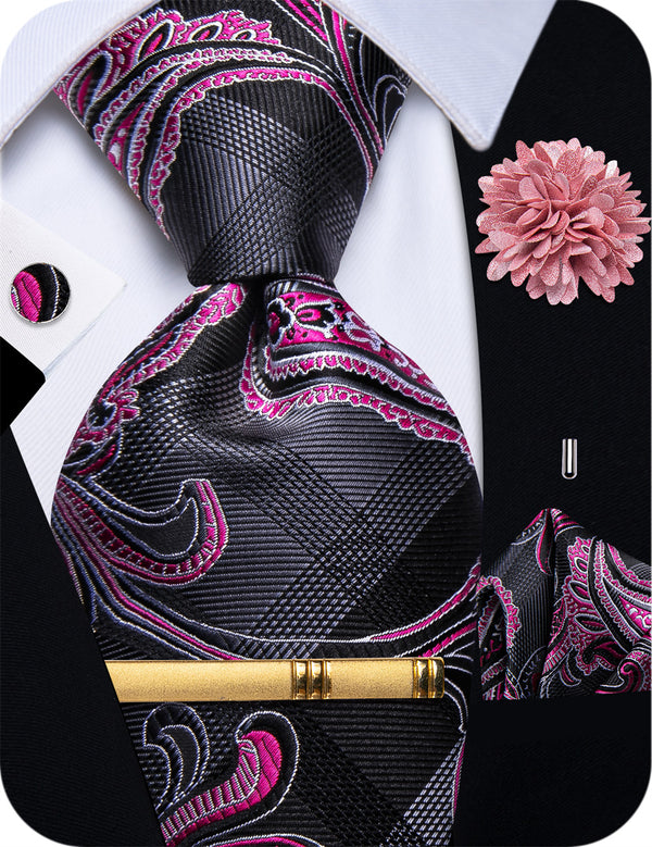 YourTies Grey Plaid Pink Paisley Men's Necktie Brooch Set for Suit Blazer