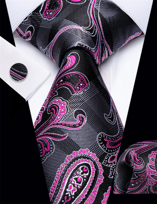 YourTies Grey Plaid Pink Paisley Designer Silk Men's Necktie Set