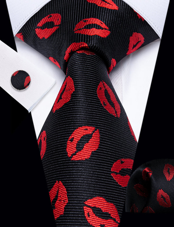 YourTies Red Lips Tie Black Red Tie Hanky Cufflink Set