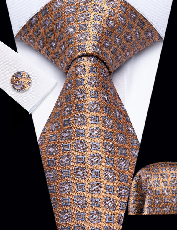 YourTies Light Brown Geometric Pattern Silk Mens Necktie Set