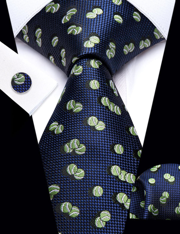 YourTies Deep Blue Novelty Tennis Ball Pattern Silk Mens Necktie Set