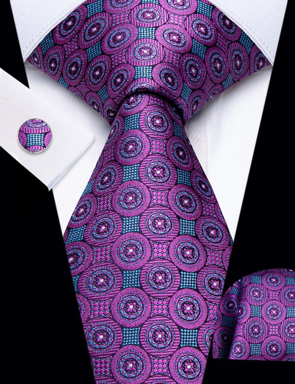 YourTies Deep Purple Blue Geometric Pattern Silk Mens Necktie Set