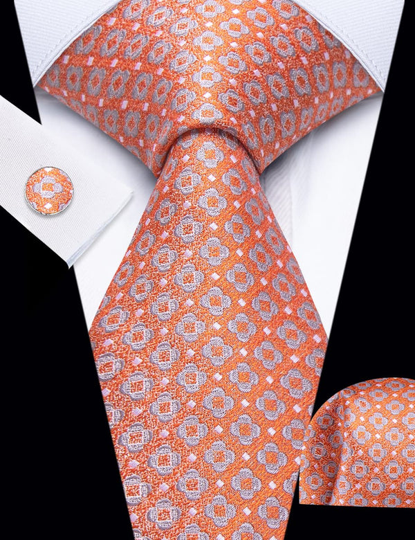 YourTies Terra Cotta Orange Novelty Floral Pattern Silk Mens Necktie Set