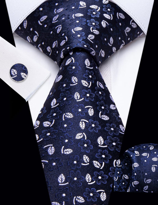 YourTies Oxford Blue Floral Pattern Silk Mens Necktie Set