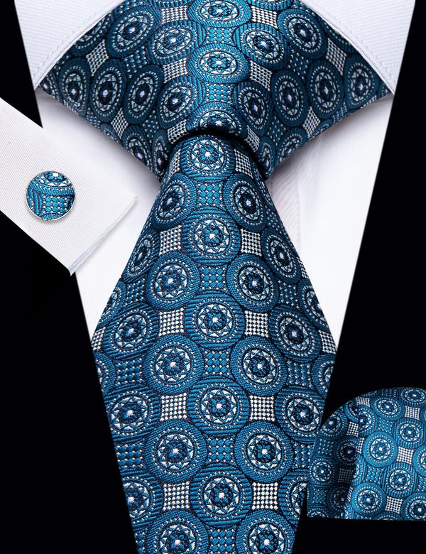 YourTies Deep Cyan Geometric Pattern Silk Mens Necktie Set