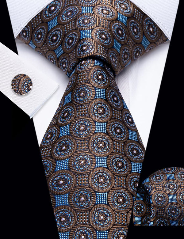 YourTies Deep Brown Blue Geometric Pattern Silk Mens Necktie Set