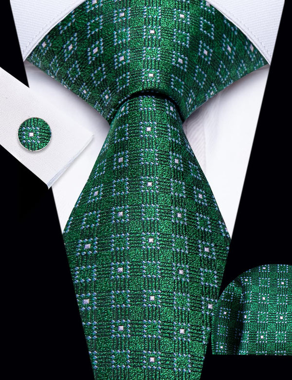 YourTies Emerald Green Plaid Pattern Silk Mens Necktie Set