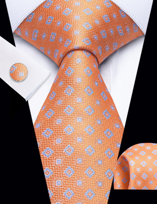 YourTies Light Salmon Orange Plaid Pattern Silk Mens Necktie Set