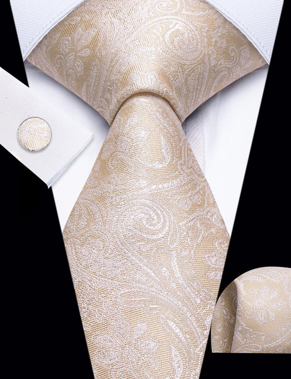 YourTies Light Tan Paisley Pattern Silk Mens Necktie Set