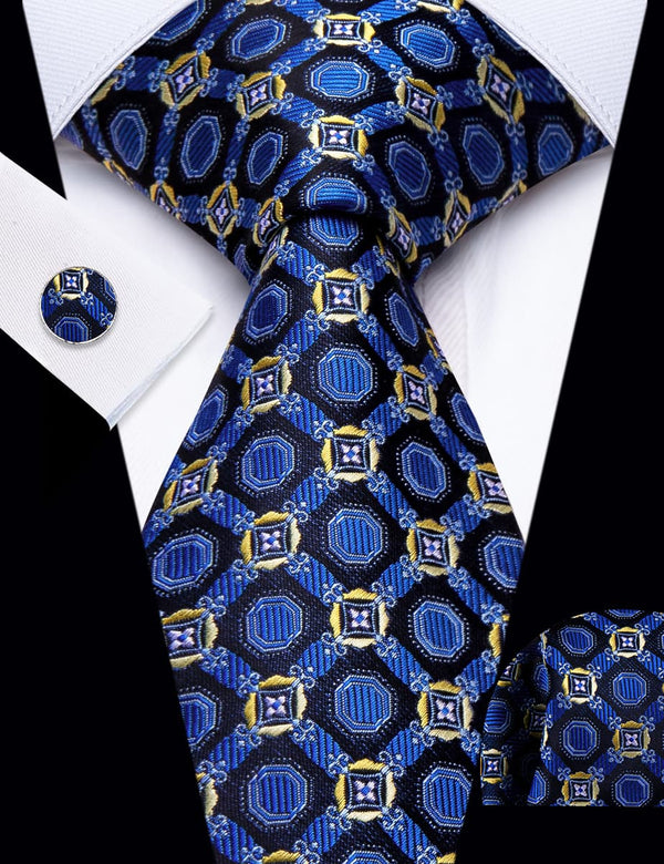 YourTies Royal Blue Geometric Pattern Silk Mens Necktie Set