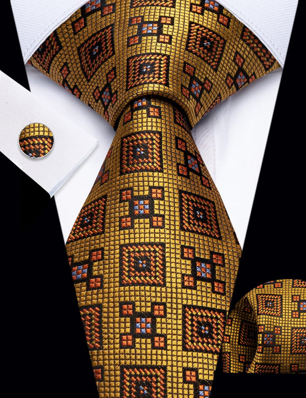 YourTies Drab Brown Geometric Pattern Silk Mens Necktie Set